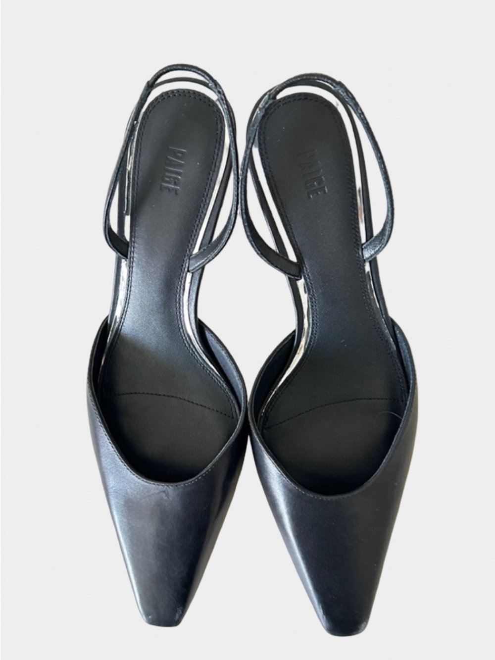 PAIGE Black Leather Pointed Toe Slingback Heels